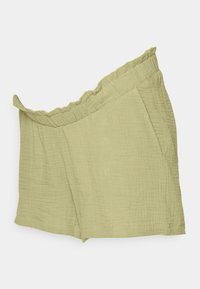 Calções verde claro feitos de tecido texturizado. Apresentam uma cintura franzida e bolsos laterais, com um formato descontraído.