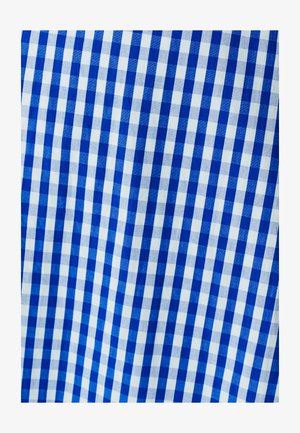 Mėlynas ir baltas gingham audinys su patikrinta raštą, turintis vienodus kvadratus. Tekstūra atrodo lygi ir austas.