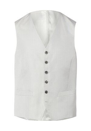 Light gray textured men's vest with five dark buttons and two front welt pockets, featuring a V-neck and satin inner lining.