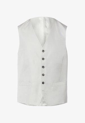 Light gray textured men's vest with five dark buttons and two front welt pockets, featuring a V-neck and satin inner lining.