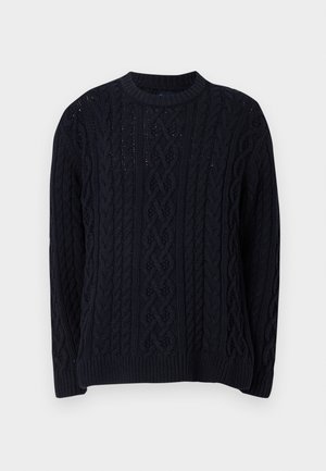 Maglione lavorato a maglia a treccia blu navy con maniche lunghe e colletto a girocollo a coste, orlo e polsini, che mostra schemi di lavorazione dettagliati.