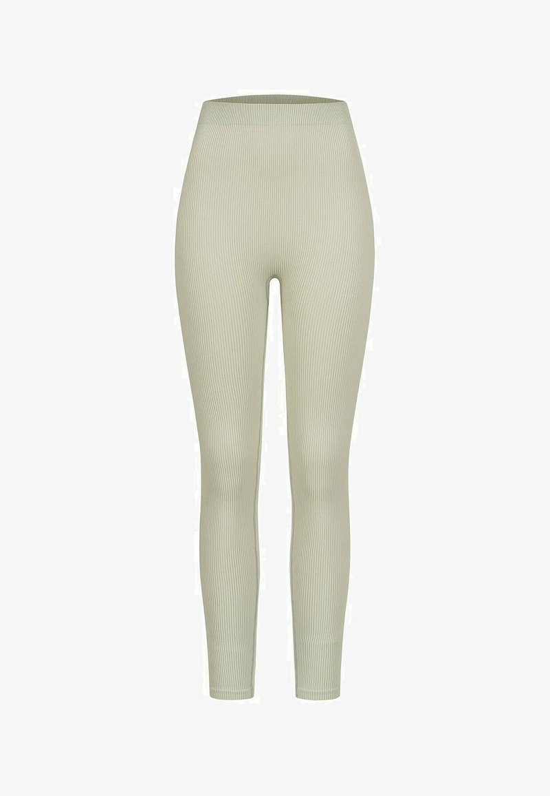 Ribotas legingi gaiši zaļā krāsā, augsta josta, pieguļošs siluets, mīksta tekstūra, ar vienmērīgu rakstu un bez redzamām detaļām.