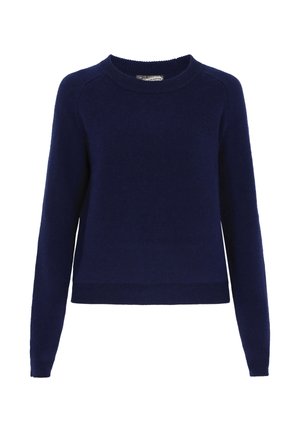 Pullover navy blue a maniche lunghe in materiale morbido. Presenta un collo rotondo e polsini e orlo a coste. Design semplice e testurizzato.