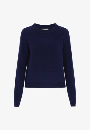 Pulover lung cu mâneci lungi, de culoare bleu marin, dintr-un material moale. Are un decolteu rotund și manșete și tiv cu textură ribbs. Design simplu, texturat.