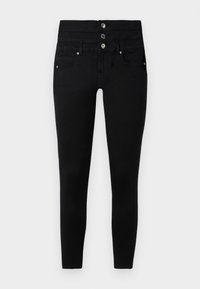 Fekete skinny farmernadrág magas derékkal, három ezüst gombbal, két elülső zsebbel és sima, rugalmas anyaggal.