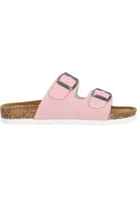 Rosa mockaskinns slidesandaler med två justerbara remmar, silverfärgade spännen, korkfotbädd och vit gummisula. Slät textur med minimalistisk design.
