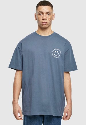 Gray cotton T-shirt with short sleeves, featuring a round neckline and a white graphic print on the left chest area.