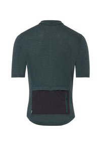 Maillot de cyclisme vert foncé à manches courtes avec poche arrière zippée noire, col plat et ourlet légèrement courbé.