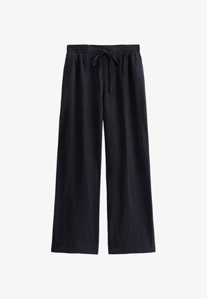 Pantalones de pierna ancha color navy, confeccionados en una tela texturizada, con una cinturilla elástica y un cordón para un ajuste ajustable.