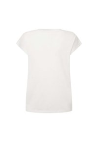 Camiseta de algodón blanca con escote redondeado, mangas cortas tipo capucha y un corte holgado. Textura suave, sin patrones ni logotipos visibles.