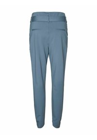 Light blue trousers with a tapered fit, featuring a flat waistband, two back pockets, and a smooth texture. No visible hardware.