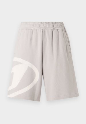 Hallid puuvillased lühikesed püksid elastse vöökohtadega, küljetaskute ja suure valge logoga vasakul jalal. Sile tekstuur, põlvepikkune disain.