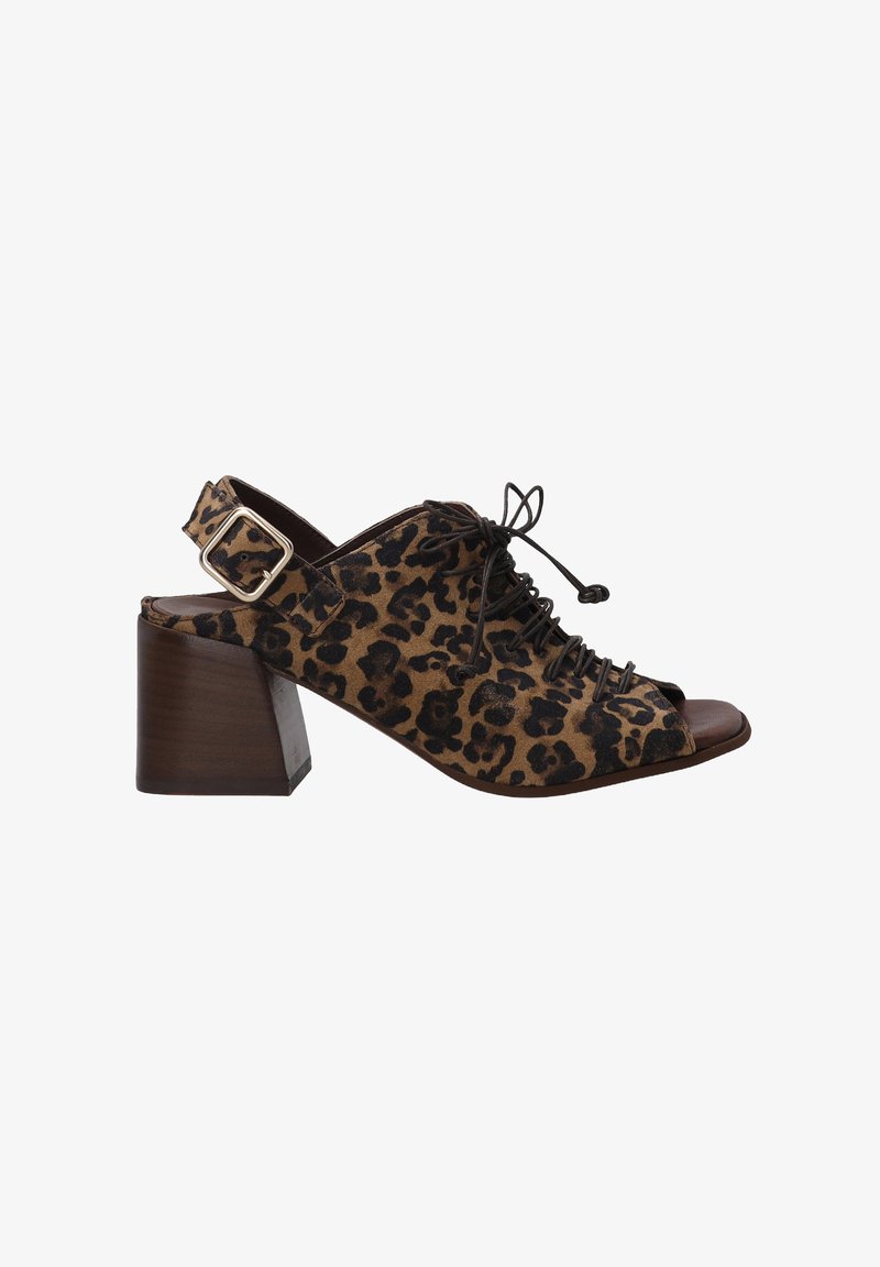 Leopard print open-toe slingback shoe with a brown block heel, featuring a laced front and adjustable strap with a silver buckle.