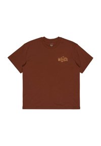 Braunes Baumwoll-T-Shirt mit kurzen Ärmeln, Rundhalsausschnitt und einem kleinen orangenen Grafikmotiv mit Blumen und Gras auf der linken Brust.
