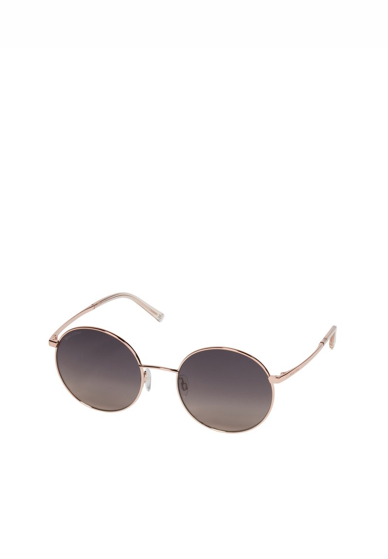 Okrągłe okulary przeciwsłoneczne z gradientowymi szarymi soczewkami, metaliczno-różowo złotą oprawą, cienkimi zausznikami i przezroczystymi noskami. Elegancki i minimalistyczny design.