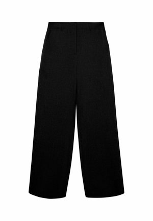 Pantalon large noir avec taille haute et passants pour ceinture, présentant un devant épuré et des poches latérales.