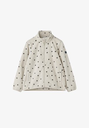 Fleecevest in crème met zwarte polka dots, ritssluiting aan de voorkant, hoge kraag en zijzakken. Zachte textuur en casual ontwerp.