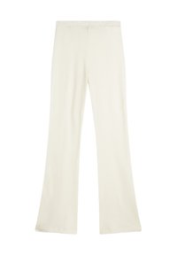 Pantalons évasés couleur crème en tissu doux, dotés d'une taille élastique et d'une texture lisse sans motifs ni éléments visibles.