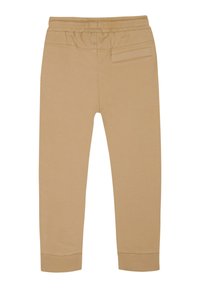 Beige Jogginghose aus weichem Stoff, mit einem elastischen Bund, schmal zulaufenden Beinen und einer einzelnen hinteren Tasche mit horizontaler Nahtdetail.