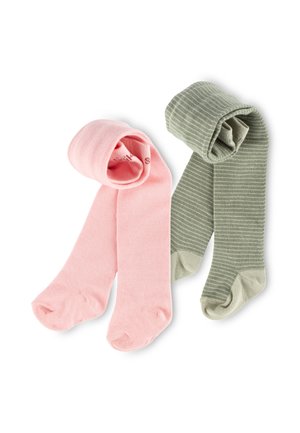 Rosa und grüne Strumpfhose; das Rosa ist einfarbig, während das Grün ein gestreiftes Muster aufweist. Beide bestehen aus weichem, dehnbarem Stoff.