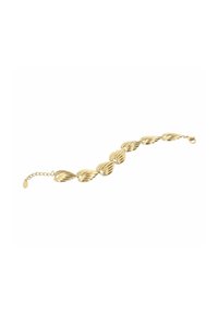 Bracciale in metallo dorato caratterizzato da elementi a forma di foglia collegati, con una texture a coste e chiusura a catena regolabile.