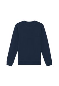 Sweatshirt bleu marine à manches longues, col rond et bords-côtes aux poignets et en bas. Texture lisse avec des détails de coutures le long des coutures.