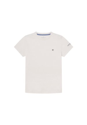 Biały t-shirt z krótkim rękawem i okrągłym dekoltem, z małym czarnym logo skrzyżowanych wioseł na piersi oraz napisem "Hackett" na lewym rękawie.