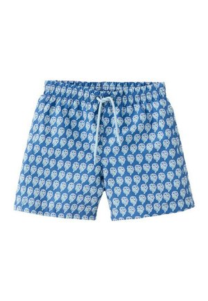 Plave kupaće hlače s bijelim elastičnim pojasom i vezicama, prekrivene ponavljajućim uzorkom bijelih i svijetloplavih lubanja.
