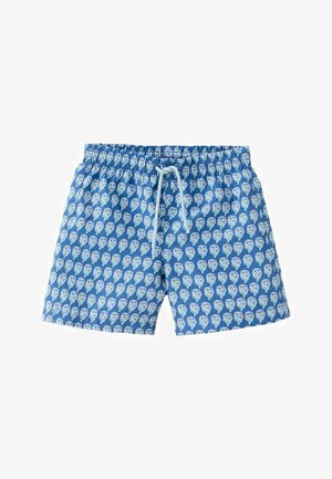 Plave kupaće hlače s bijelim elastičnim pojasom i vezicama, prekrivene ponavljajućim uzorkom bijelih i svijetloplavih lubanja.