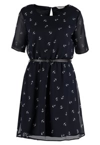 Navy blue dress with short sleeves, lightweight fabric, anchor pattern, and a cinched waist with a black belt. Features a keyhole back.