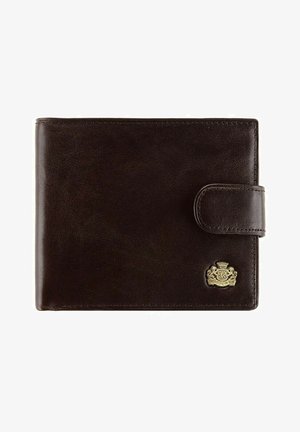 Bruine leren portemonnee met een gladde textuur, voorpaneel met knoopsluiting en een gouden logo-embleem in de rechteronderhoek.