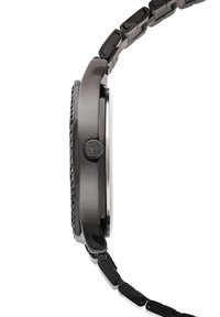 Analoge Armbanduhr mit schwarzem Metallband und grauem runden Gehäuse. Verfügt über einen seitlichen Knopf und eine strukturierte Oberflächendetailierung.