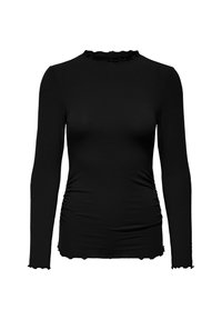 Top negro de manga larga con cuello festoneado, textura fruncida a los lados y diseño ajustado con tejido suave.