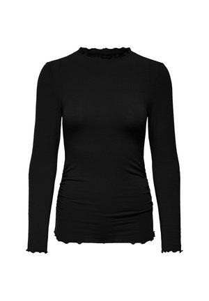 Top negro de manga larga con cuello festoneado, textura fruncida a los lados y diseño ajustado con tejido suave.