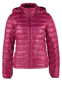 Różowa kurtka ocieplana z zamkiem błyskawicznym z przodu, dopasowany fason, z kapturem oraz poziomym pikowaniem dla ciepła. Lekki materiał syntetyczny.