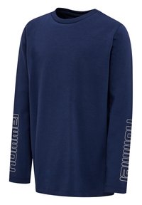 Mørkeblå langærmet T-shirt lavet af bomuld med rund hals. Har teksten "humew" i hvid på højre ærme. Blød tekstur, enkelt design.