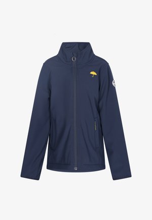 Sötétkék vízálló dzseki magas gallérral, teljes cipzárral, sárga ernyő logóval a mellkason és oldzsebekkel. Simább szövettextúra.