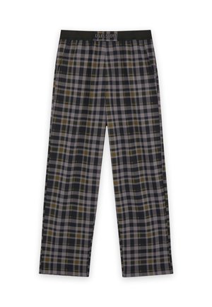 Karierte Loungehosen in dunklen Farben mit grünen und grauen Akzenten, ausgestattet mit einem elastischen Bund und einem lässigen Schnitt. Hergestellt aus leichtem Stoff.