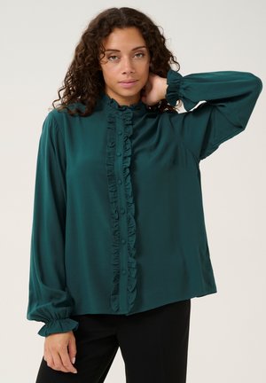 Teal blouse with long puffed sleeves and a frilled button front. Made from smooth fabric with a gathered texture at the collar and cuffs.