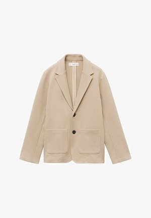 Beige Baumwollblazer mit Reverskragen, zwei Fronttaschen, Ein-Knopf-Verschluss und strukturierter Oberfläche. Taillierter, lässiger Schnitt.