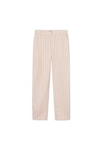 Pantalons beiges à rayures avec une coupe droite, présentant des rayures étroites dans une couleur contrastante, fermeture par bouton à l'avant et poches latérales.