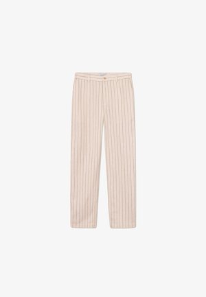 Beige stripete bukser med rett passform, som har smale striper i kontrastfarge, frontlukking med knapp og sidelommer.