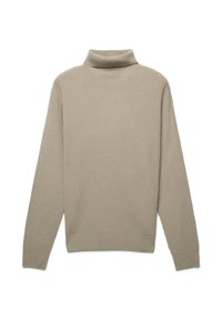 Beiger Rollkragenpullover mit einem strukturierten, gerippten Design. Mit langen Ärmeln und einer leicht taillierten Silhouette in der Taille.