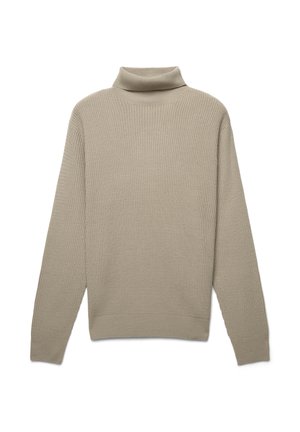 Beiger Rollkragenpullover mit einem strukturierten, gerippten Design. Mit langen Ärmeln und einer leicht taillierten Silhouette in der Taille.