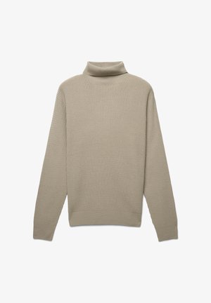 Pull à col roulé beige avec un design texturé en côtes. Comprend des manches longues et une silhouette légèrement ajustée à la taille.