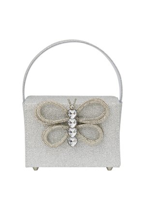 Zilveren glitter clutch met een vlinderdesign, met kristallen accenten, een gestructureerde vorm en een metallic handvat.