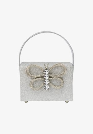Zilveren glitter clutch met een vlinderdesign, met kristallen accenten, een gestructureerde vorm en een metallic handvat.