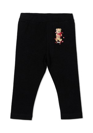 Czarne dziecięce legginsy z misiem trzymającym czerwone róże i rozsypanymi różowymi serduszkami oraz małym logo Moschino pod wzorem.