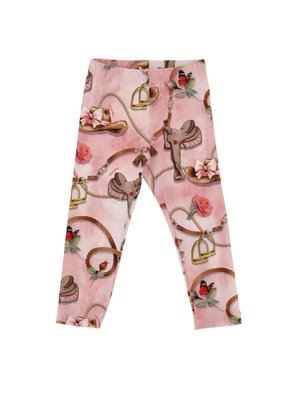 Lyserøde leggings med western-tema med tryk af cowboyhatte, sadler, roser, sommerfugle, stigbøjler og lædergjorde over det hele.