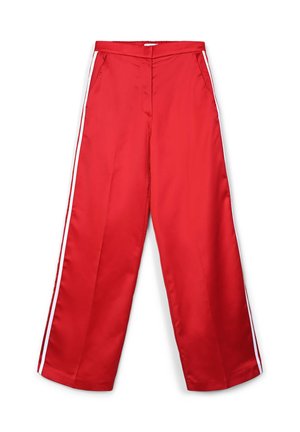 Red satin wide-leg pants with white side stripes, featuring a flat front, two side pockets, and a smooth texture for comfort.